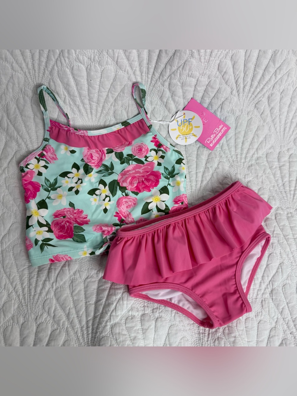 NWT RuffleButts Rosy Sweetheart Ruffle Tie Tankini Swimsuit - Size 5